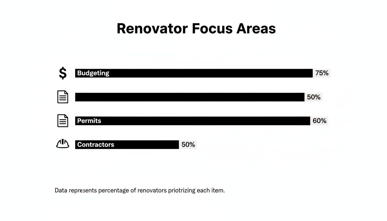Bar chart illustrating renovator focus areas including Budgeting (75%), Permits (60%), and Contractors (50%).