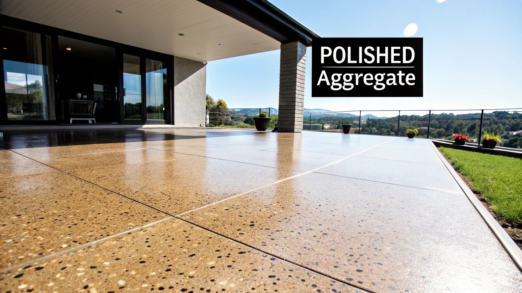 Modern outdoor patio featuring polished aggregate concrete flooring, offering scenic views and a sleek design.