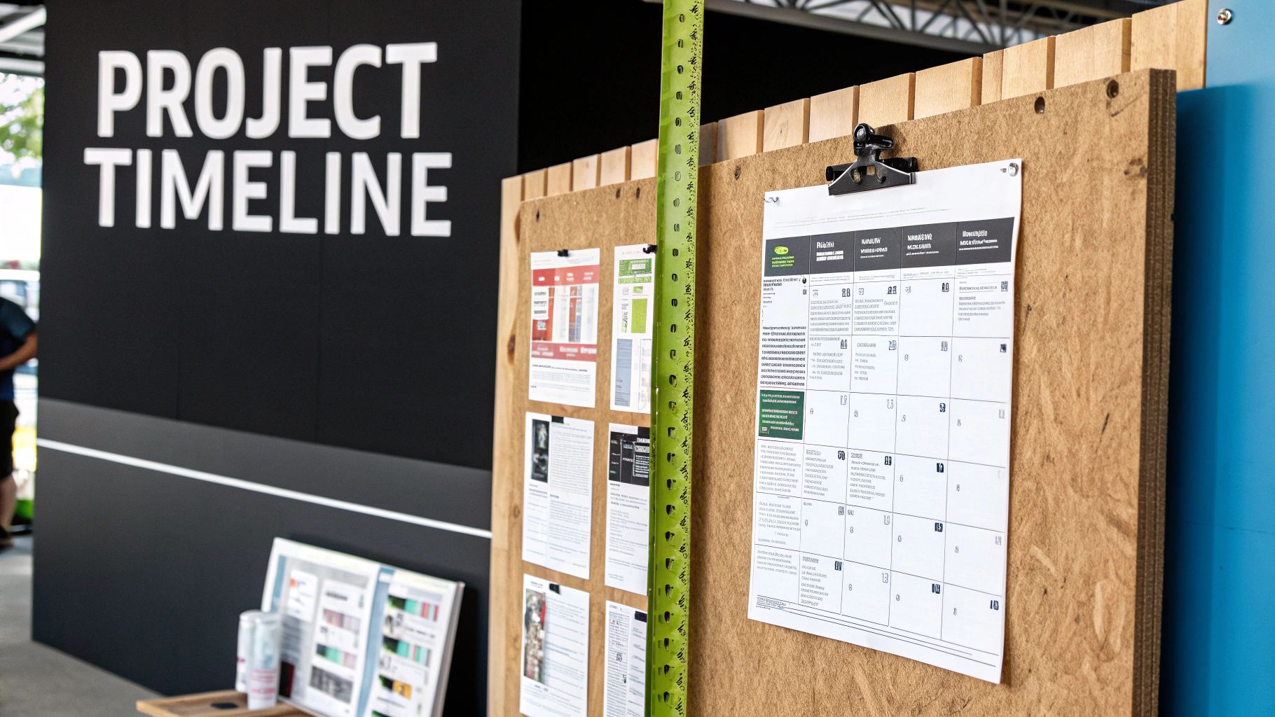 A "PROJECT TIMELINE" sign on a black wall, next to a board displaying project documents and a green measuring tape.