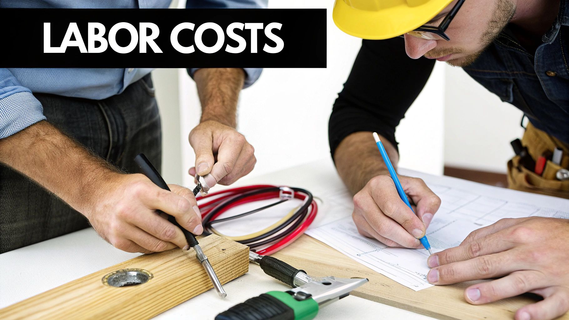 Two men, possibly construction workers or electricians, working on a project with tools and blueprints.