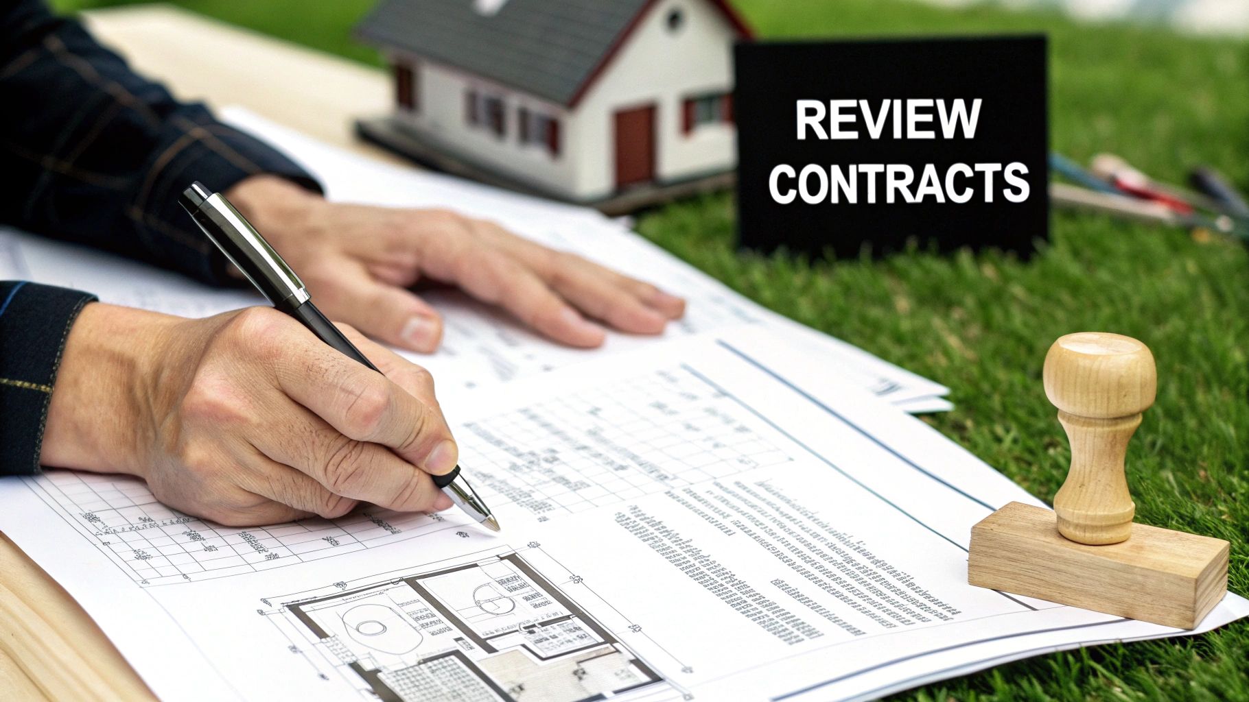 A person reviews architectural plans and contracts with a pen, a house model, and a 'REVIEW CONTRACTS' sign.