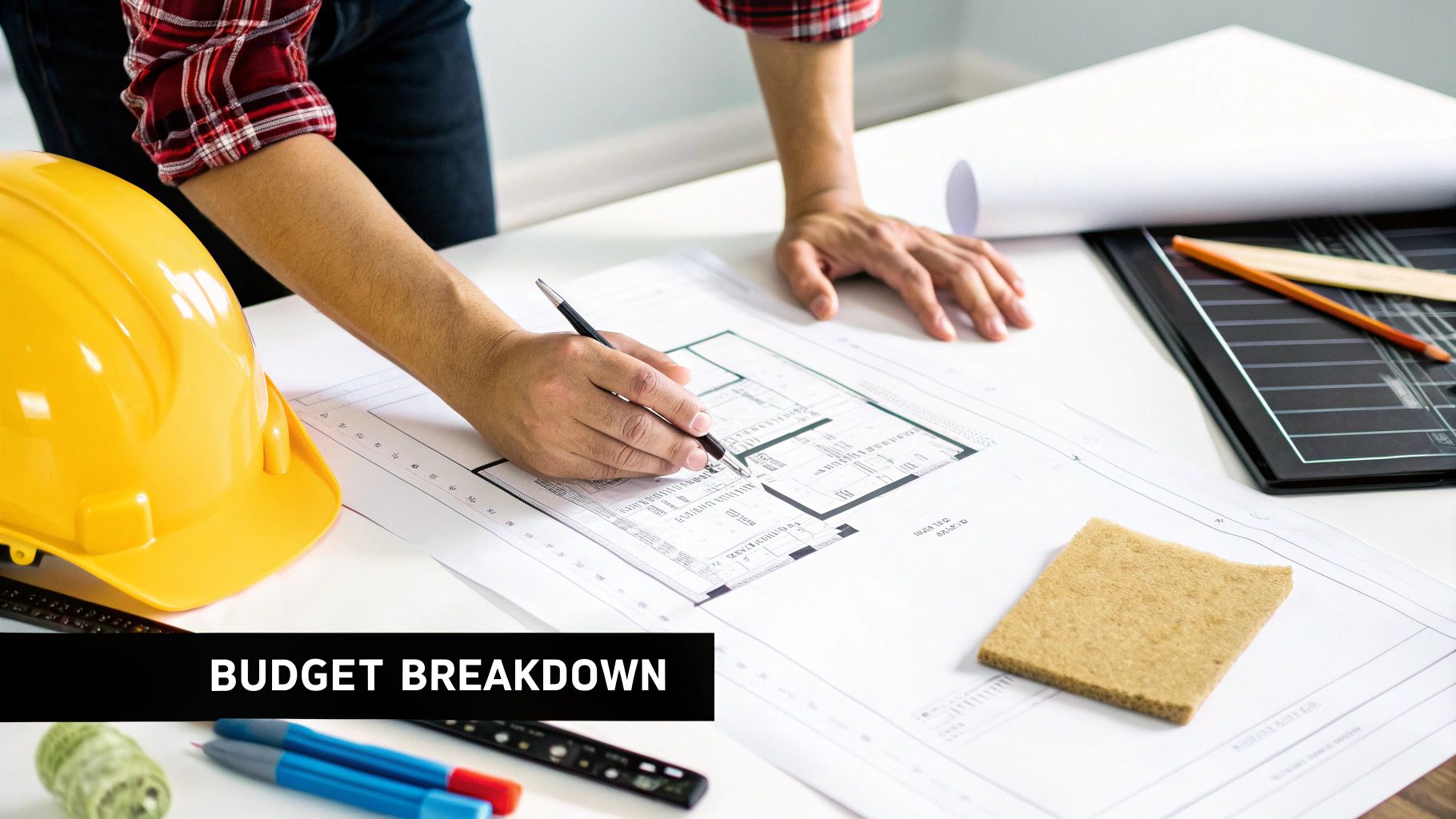 A construction professional measures and installs framing in an unfinished basement.