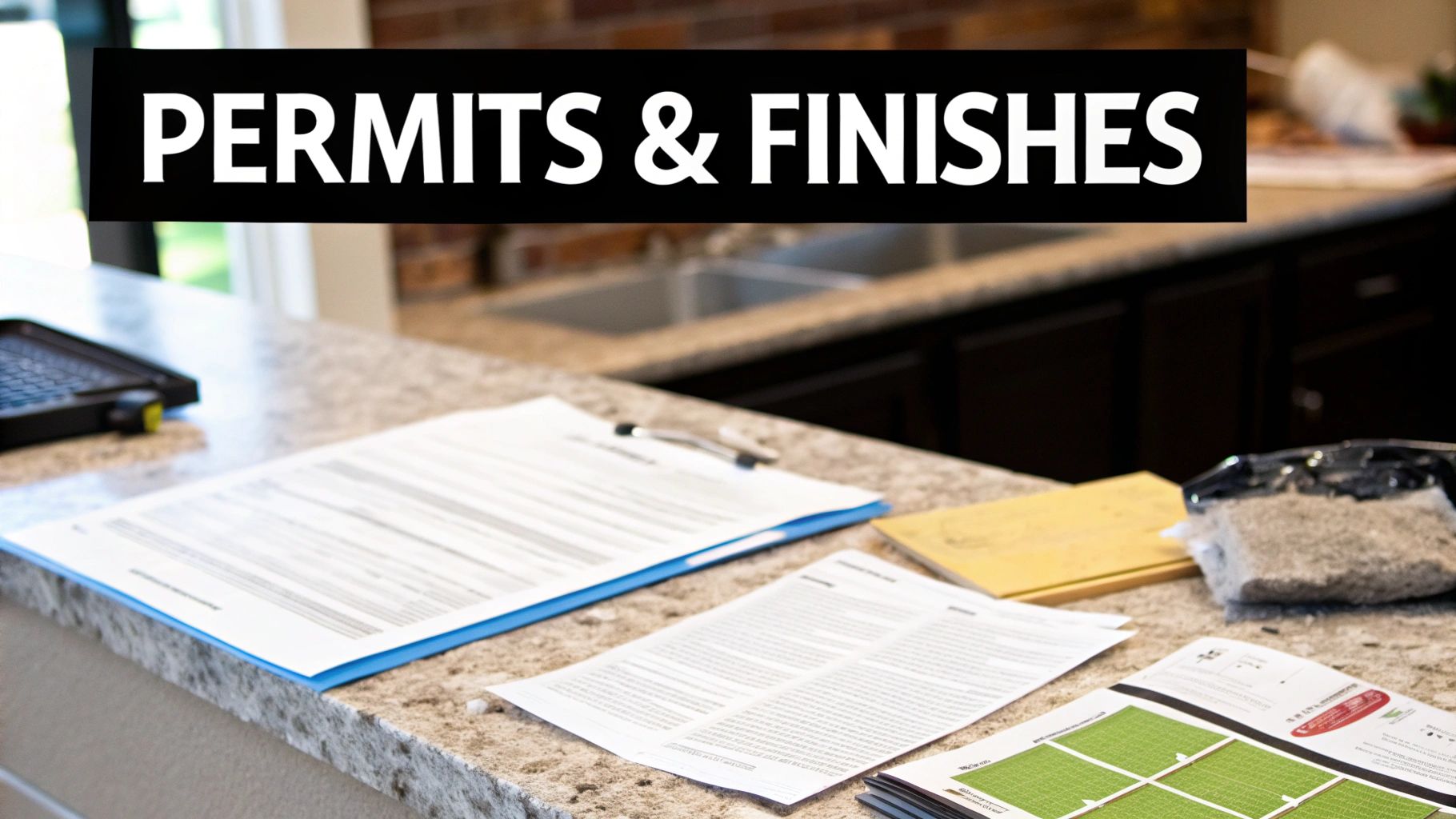 Documents and architectural plans on a kitchen counter, with a banner stating 'PERMITS & FINISHES'.