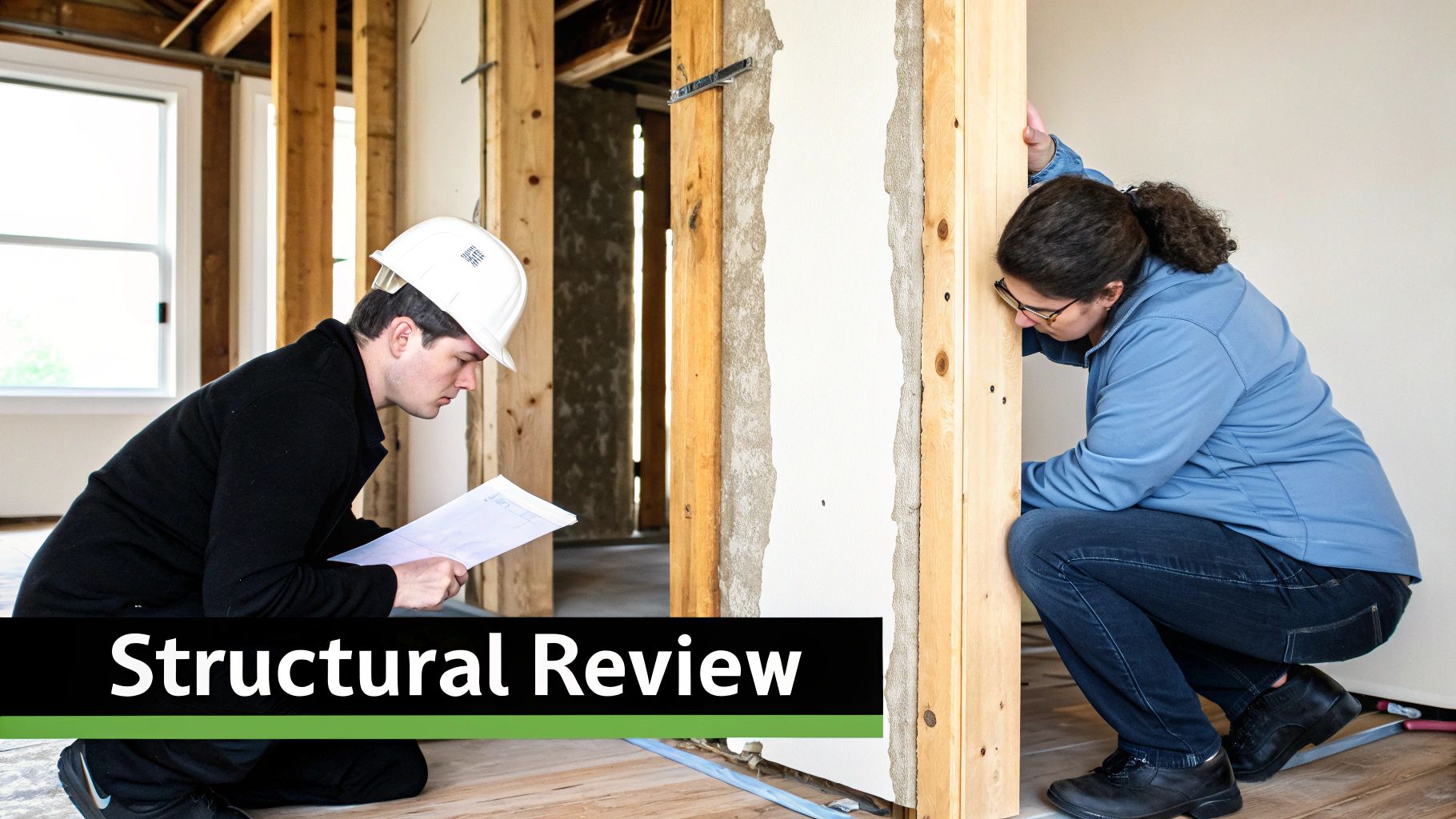 Two structural engineers review construction plans and inspect wooden framing during a building project.