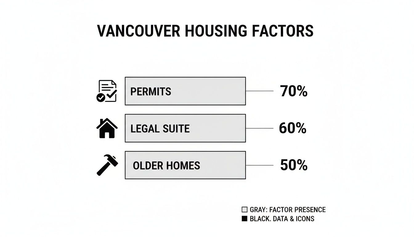 A bar chart showing Vancouver housing factors: Permits 70%, Legal Suite 60%, Older Homes 50%.