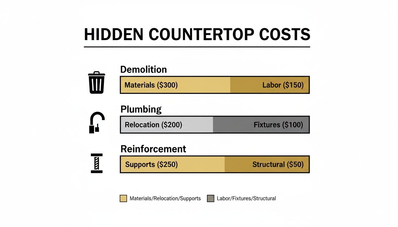Infographic showing hidden countertop costs, detailing expenses for demolition, plumbing, and reinforcement.