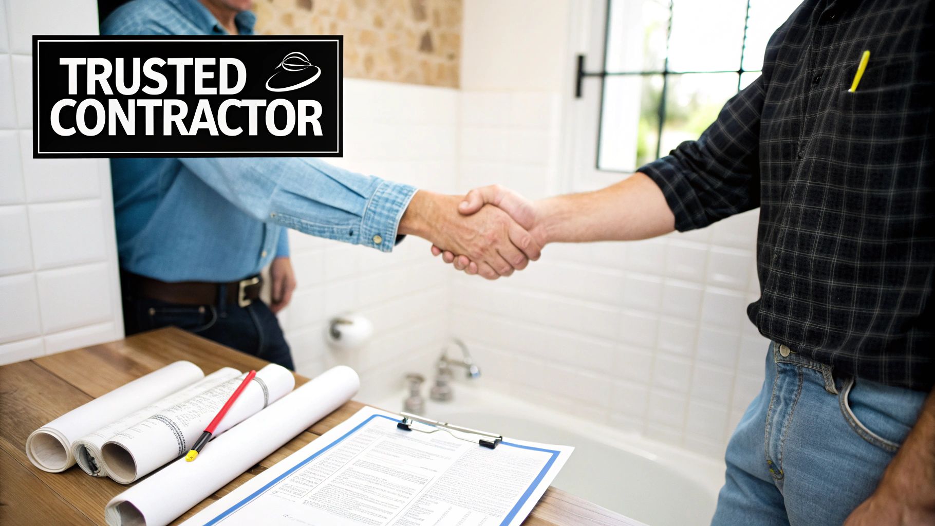 Two men, likely contractor and client, shaking hands in a bathroom with blueprints and contract.