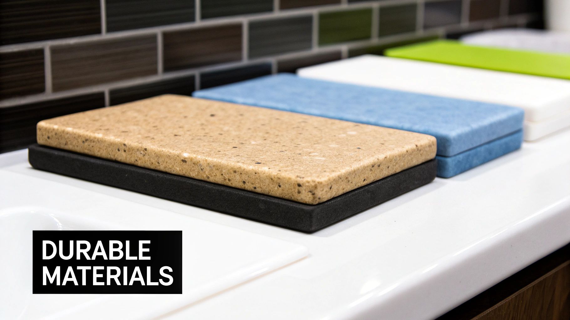 Durable countertop material samples in tan, black, blue, white, and green on a bathroom vanity.