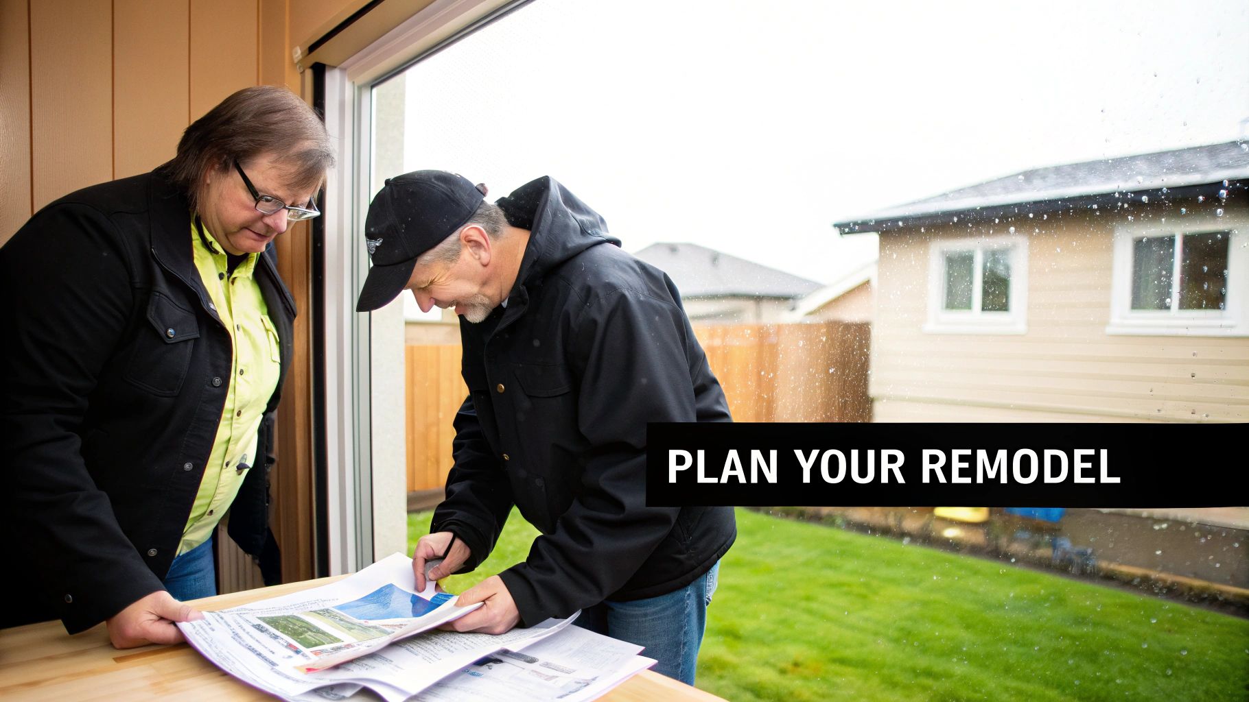 Two men, possibly a contractor and client, review home remodel plans on a table.