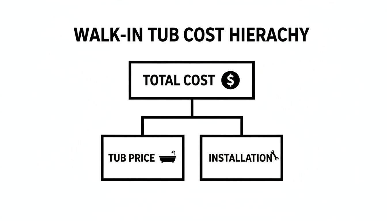 Hierarchy diagram showing total walk-in tub cost, broken down into tub price and installation.