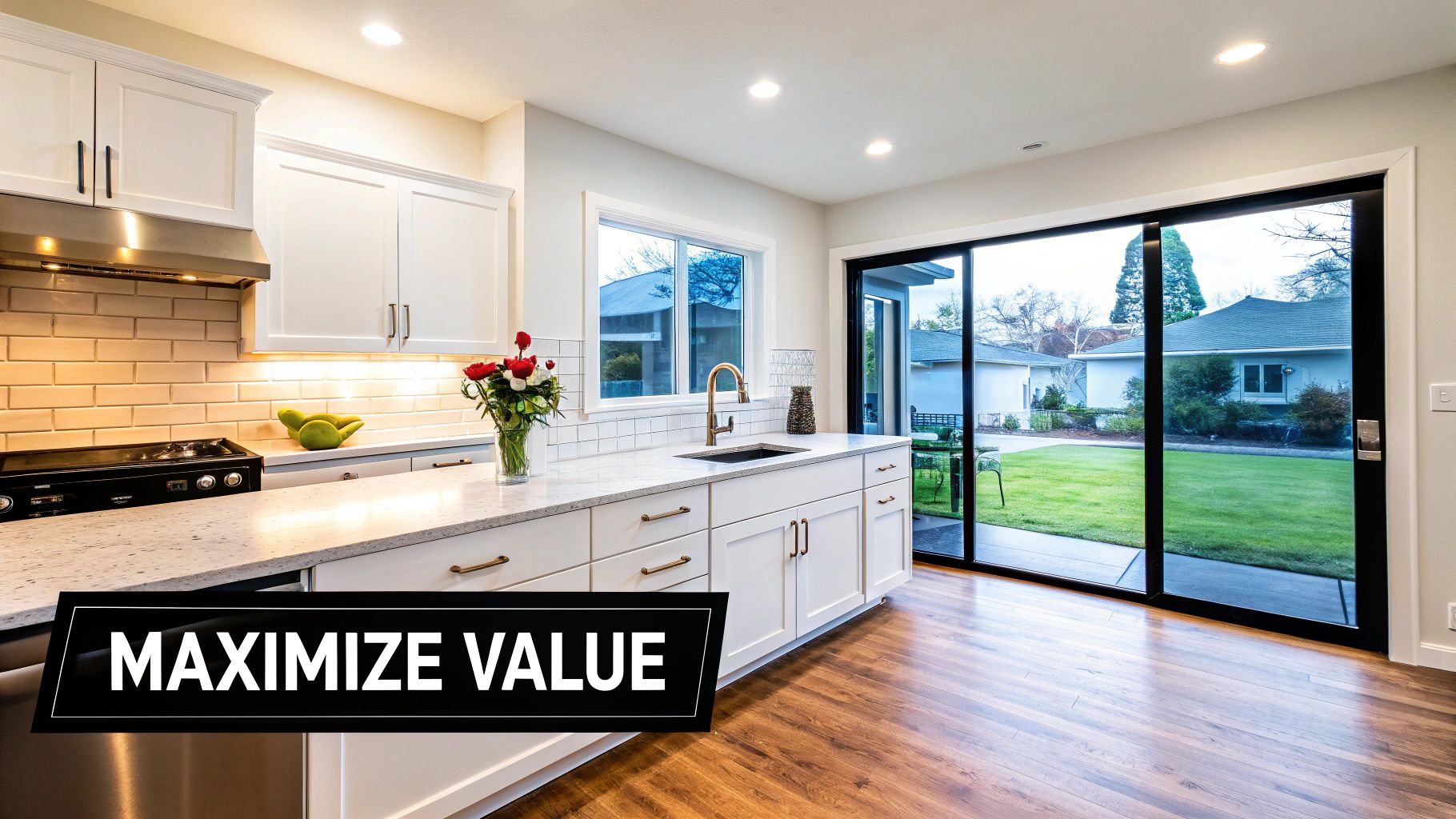 Bright modern kitchen with white cabinets, gold faucet, wood floor, and a view of the green backyard.