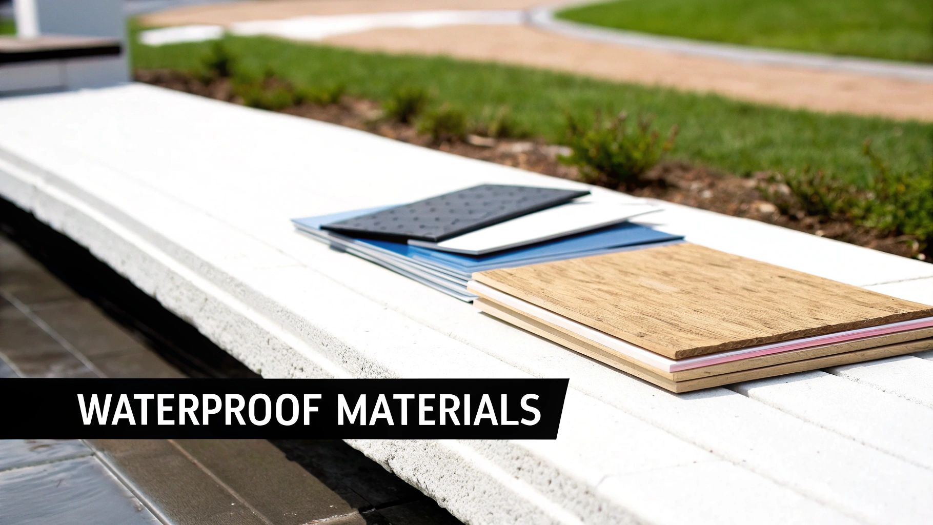 Various waterproof material samples, including wood, black, white, and blue, displayed outdoors on a white surface.