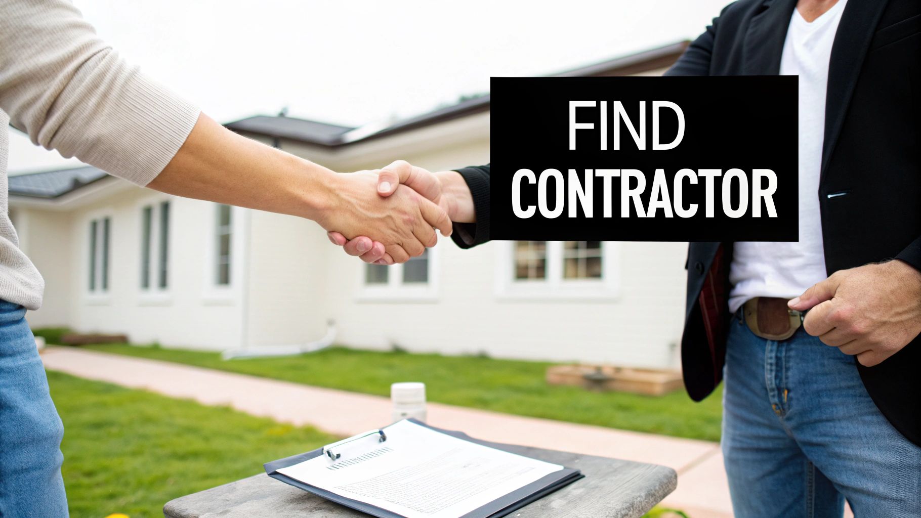 Two individuals shaking hands in front of a house with 'FIND CONTRACTOR' text, symbolizing a business agreement.
