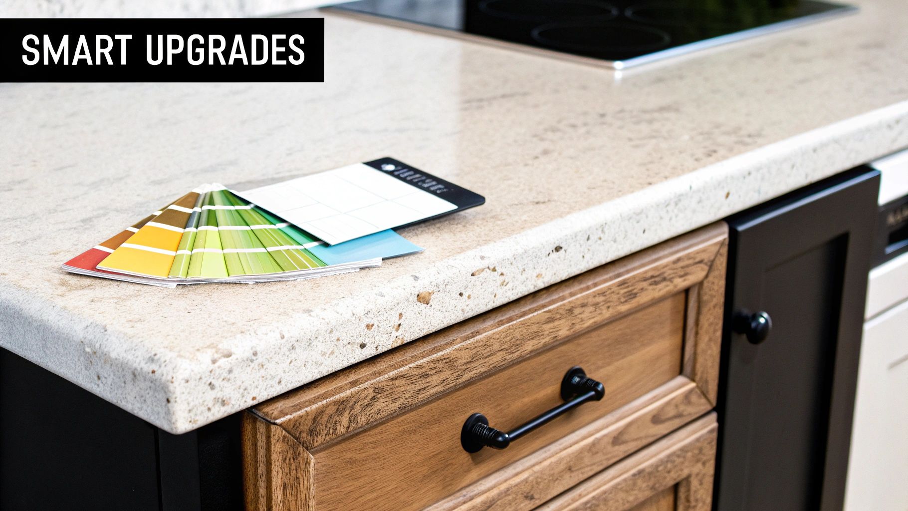 Color swatches and samples on a speckled kitchen countertop with varied cabinet styles.