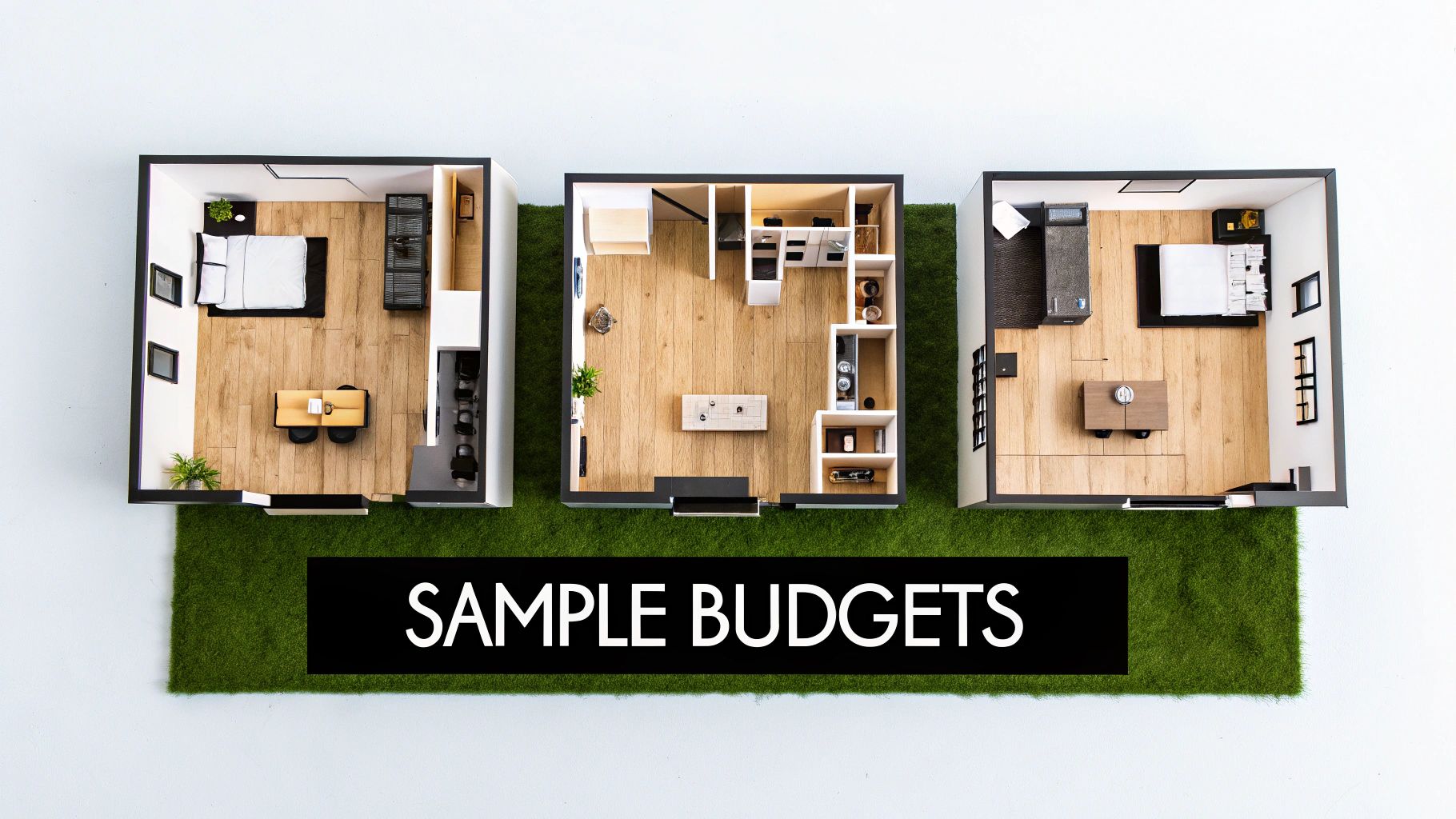 Overhead view of three miniature home floor plan models on grass, with 'SAMPLE BUDGETS' banner.