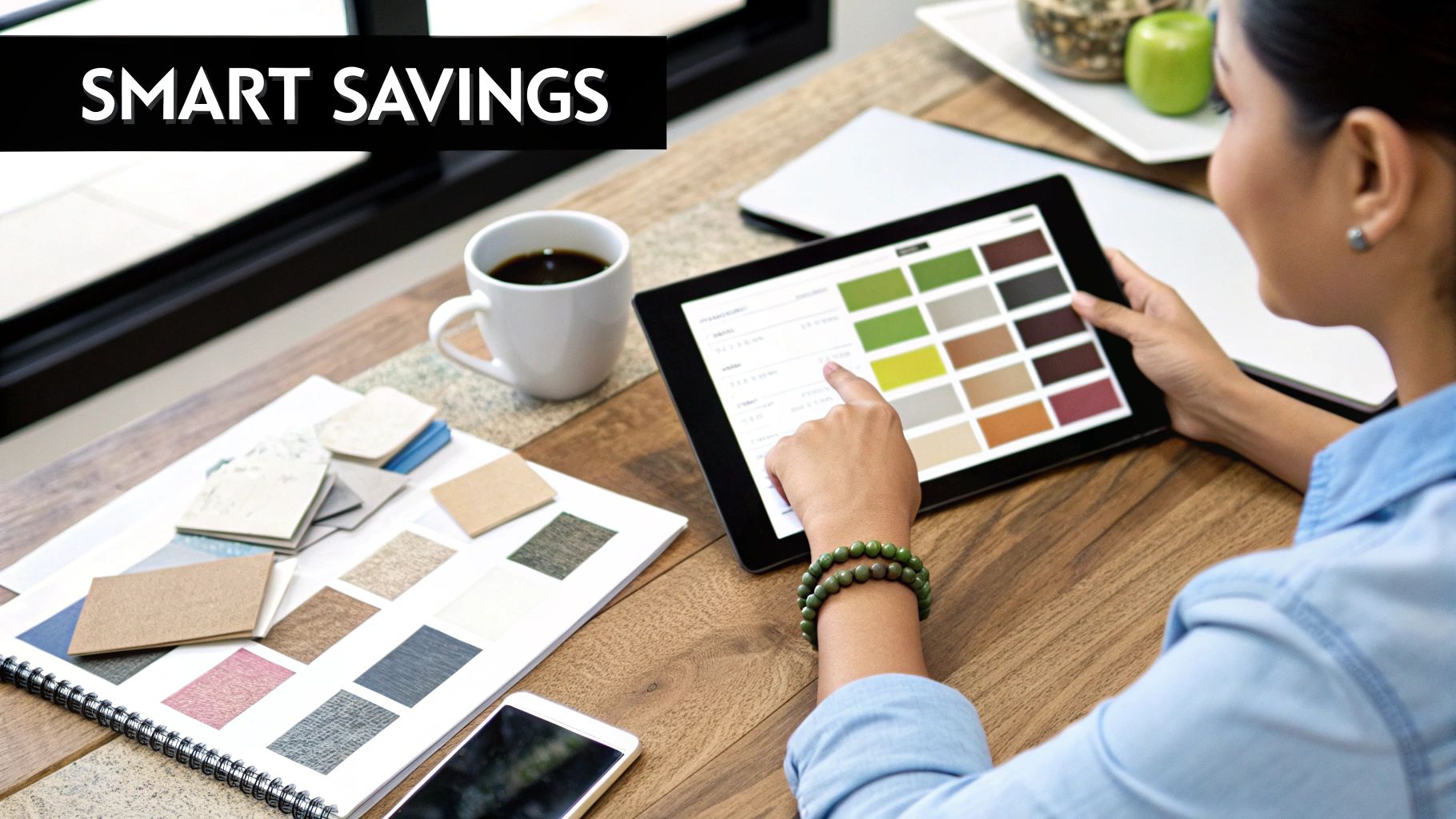 Woman planning home renovation, comparing digital color samples on a tablet with physical swatches.