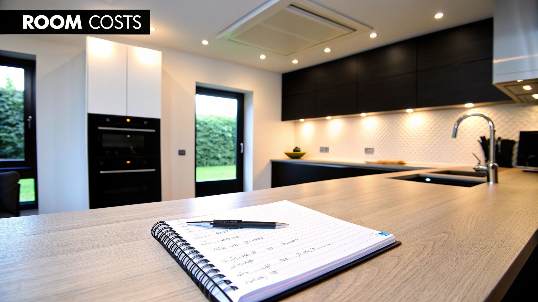 Modern kitchen with island, black and white cabinets, built-in ovens, and recessed lighting. A notebook and pen are on the counter.