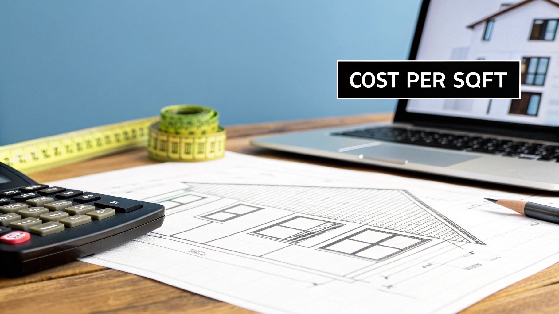 Desk with architectural plans, calculator, measuring tape, laptop, and 'Cost Per SqFt' text.