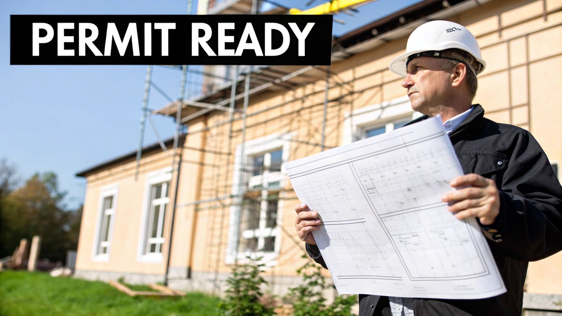 An engineer wearing a hard hat reviews construction blueprints outside a building, with 'PERMIT READY' text.