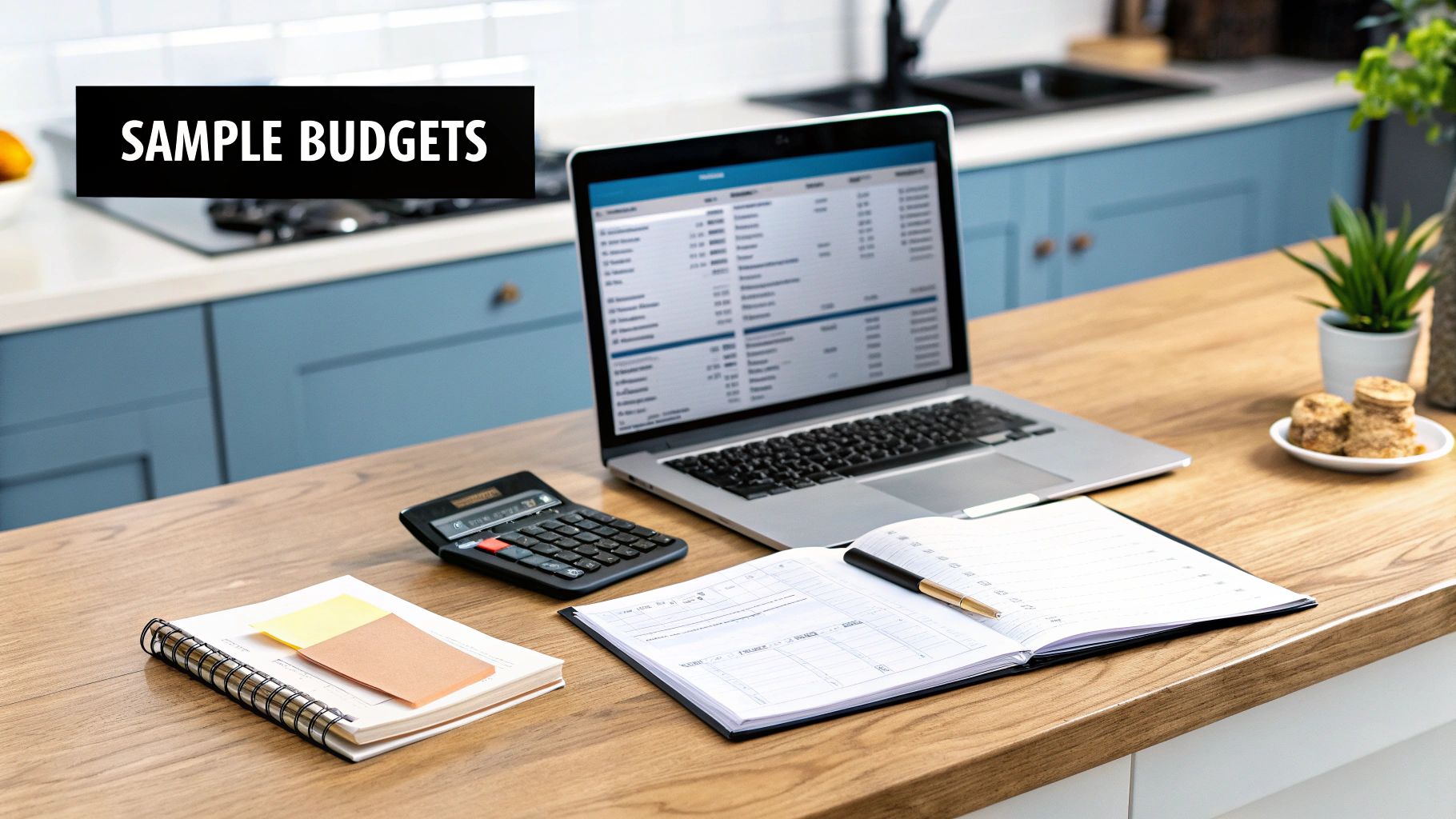 A laptop showing a spreadsheet, a calculator, and notebooks on a kitchen counter with 'SAMPLE BUDGETS' overlay.