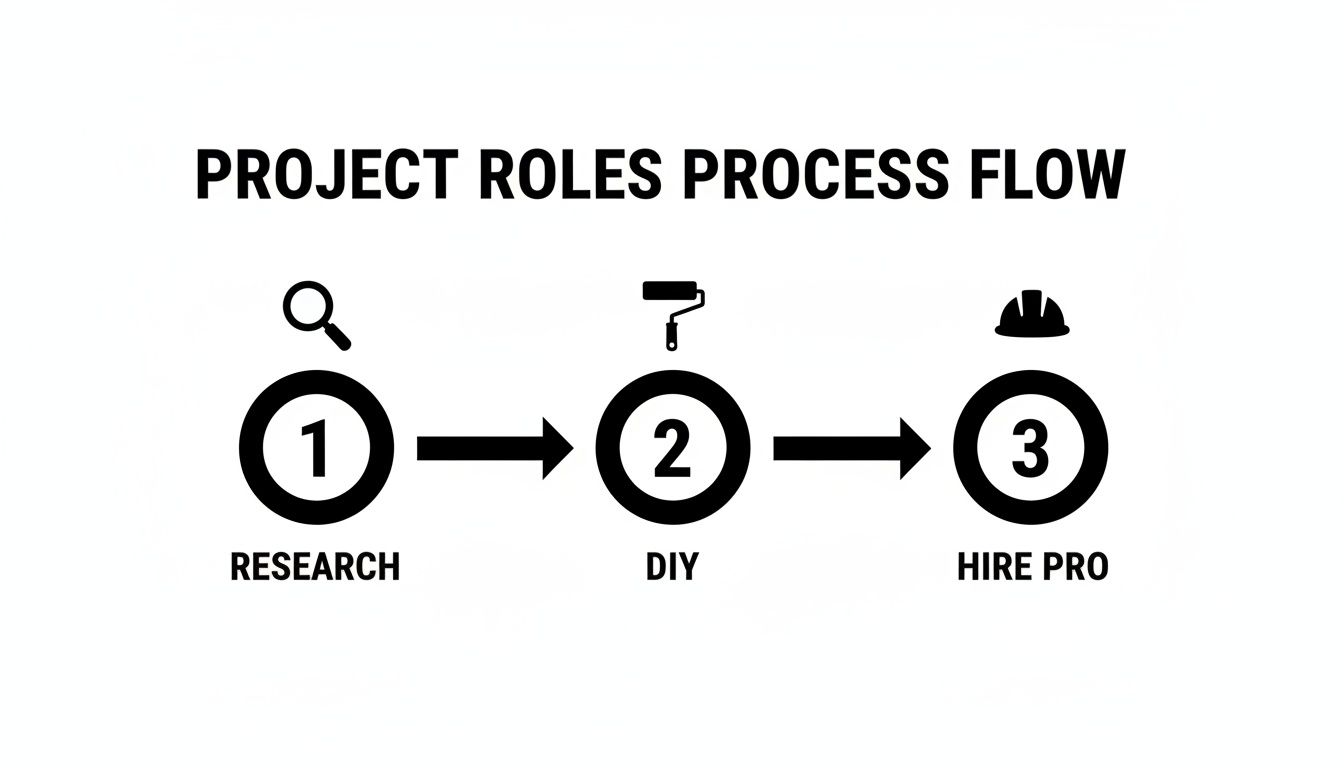 A flowchart detailing project roles from research to DIY and finally hiring a professional for a project.