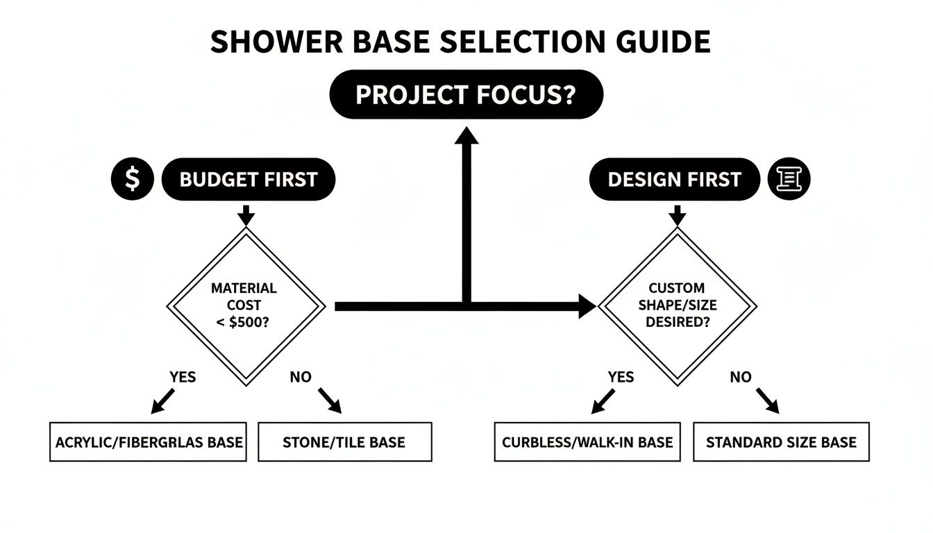 Flowchart guiding shower base selection based on project focus, either budget or design, offering various material and style options.