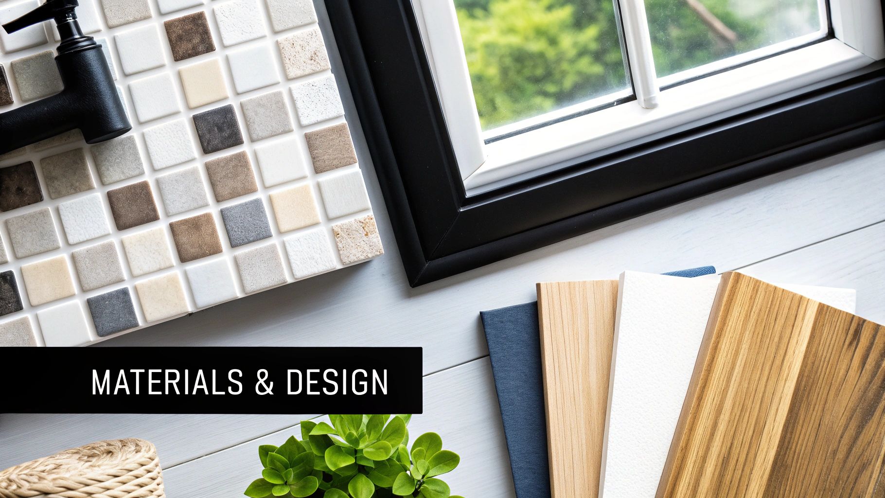 Various material samples including mosaic tiles, wood, and fabric, alongside a black faucet and window, for home design.