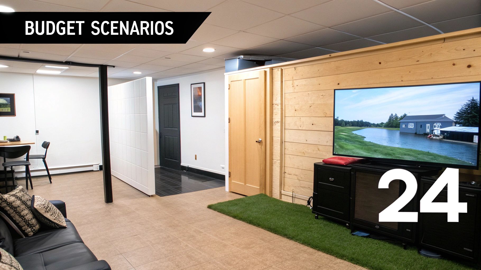 A finished basement with a comfortable living area, a dining space, and a large TV on a rustic wooden wall.
