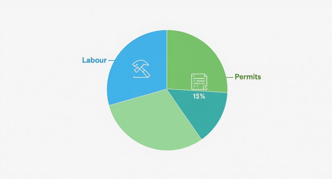 A pie chart showing cost breakdown categories, including Labour, Permits (15%), and other expenses.