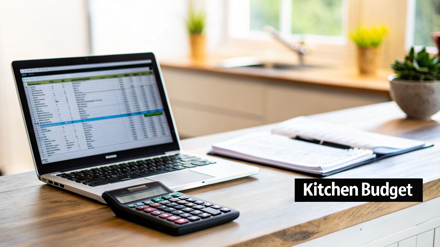 A laptop displaying a spreadsheet, calculator, and notebook on a wooden kitchen counter with 'Kitchen Budget' text.