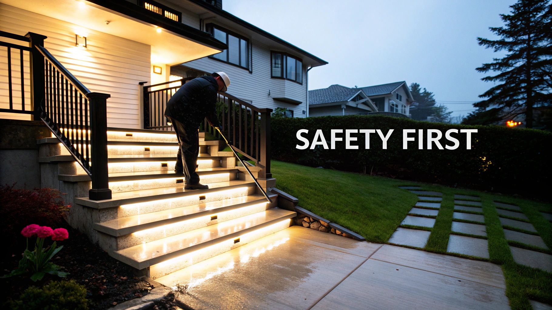 A person works on brightly lit outdoor steps with integrated LED lighting, emphasizing safety.
