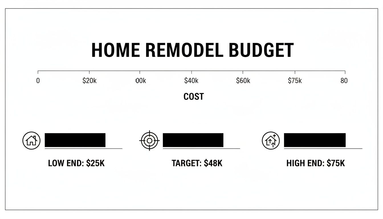 A home remodel budget chart visualizing low, target, and high-end costs for renovation projects.