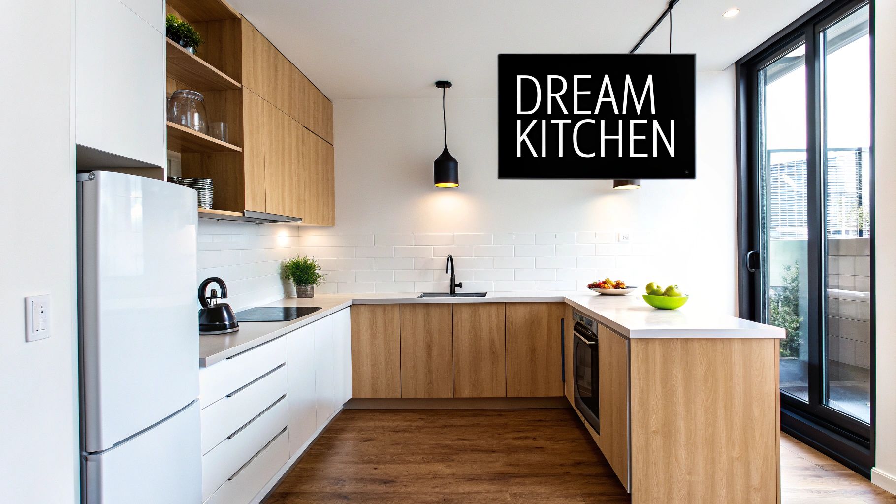 A modern kitchen with light wood and white cabinets, a white refrigerator, and a sink, featuring a black screen displaying 'DREAM KITCHEN'.