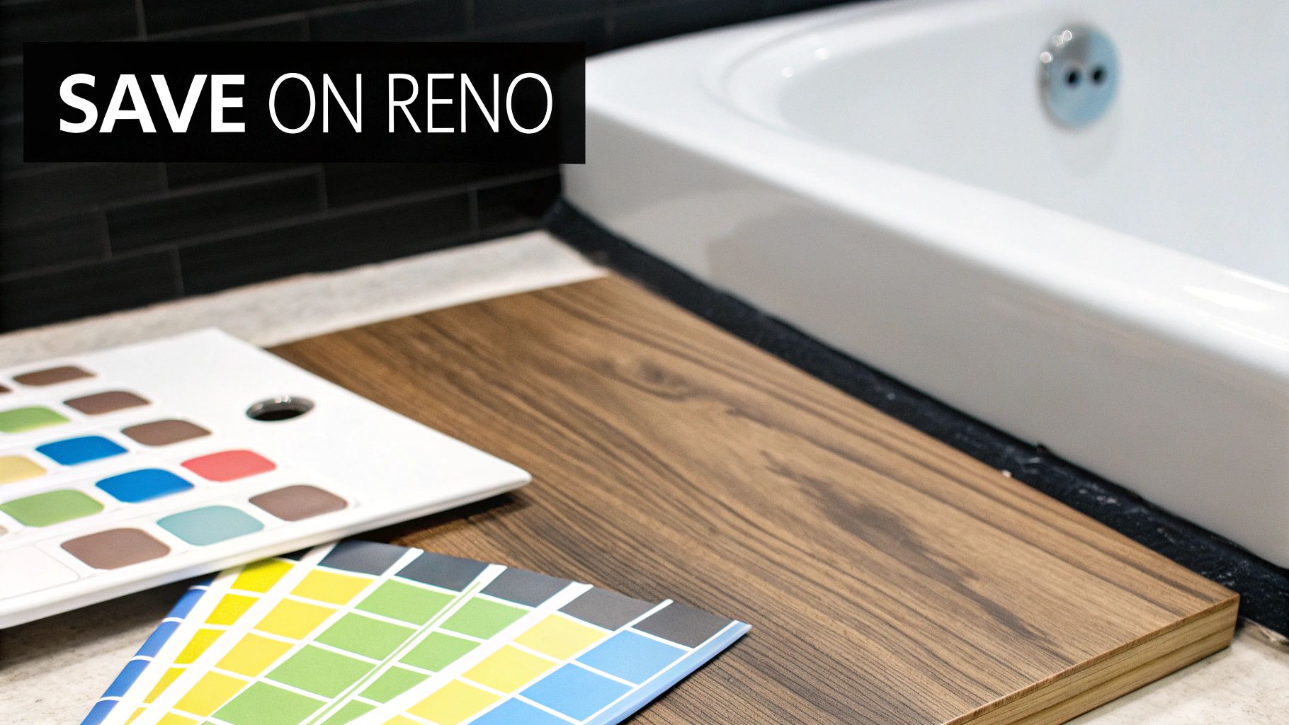 Color swatches and wood sample for bathroom renovation planning, next to a white tub, with 'SAVE ON RENO' text.