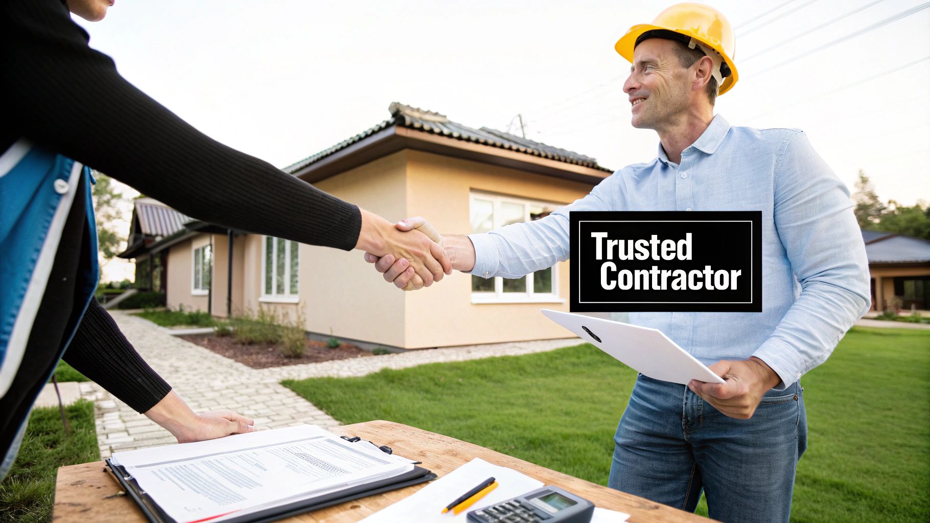 A contractor in a hard hat shakes hands with a client outside a house, symbolizing a trusted agreement.