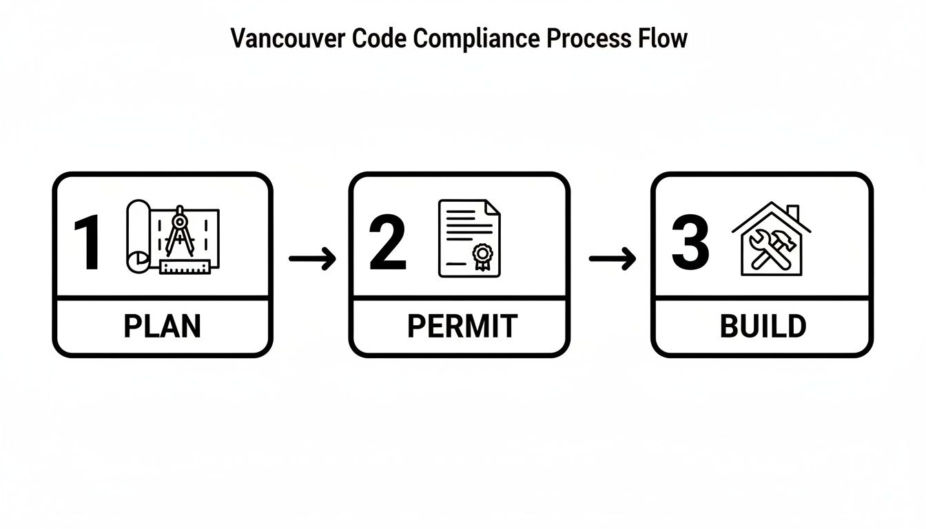 Flowchart illustrating the Vancouver Code Compliance Process: Plan, Permit, and Build steps.