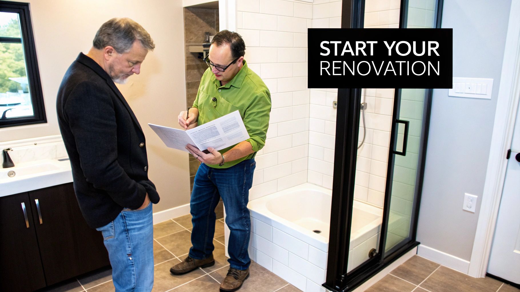 Two men discuss renovation plans in a modern bathroom with a white shower and dark vanity.