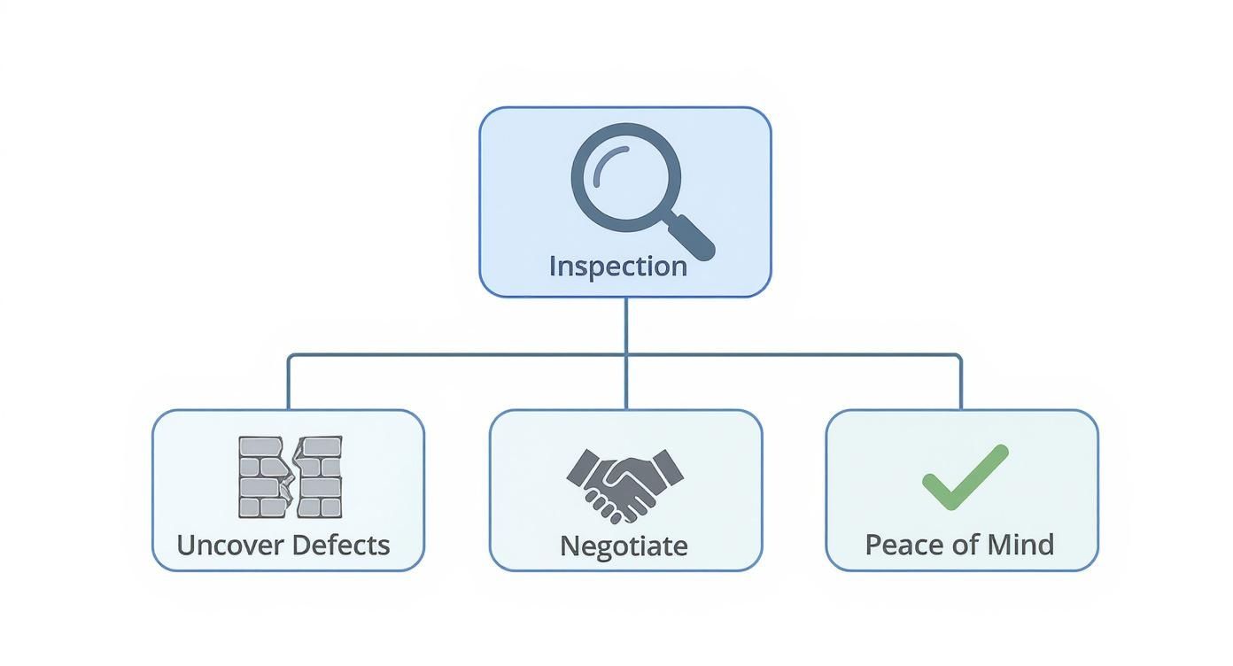 Home inspection process flowchart showing steps from inspection to uncovering defects, negotiation, and peace of mind