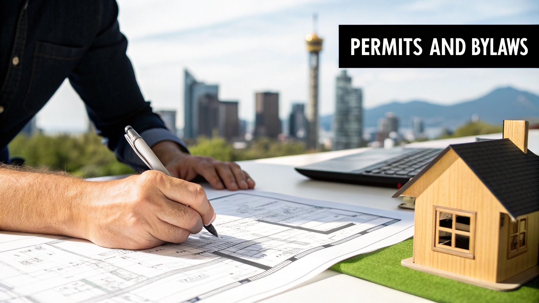 Hands drafting architectural plans on a table with a house model, laptop, city skyline, and 'PERMITS AND BYLAWS' text.