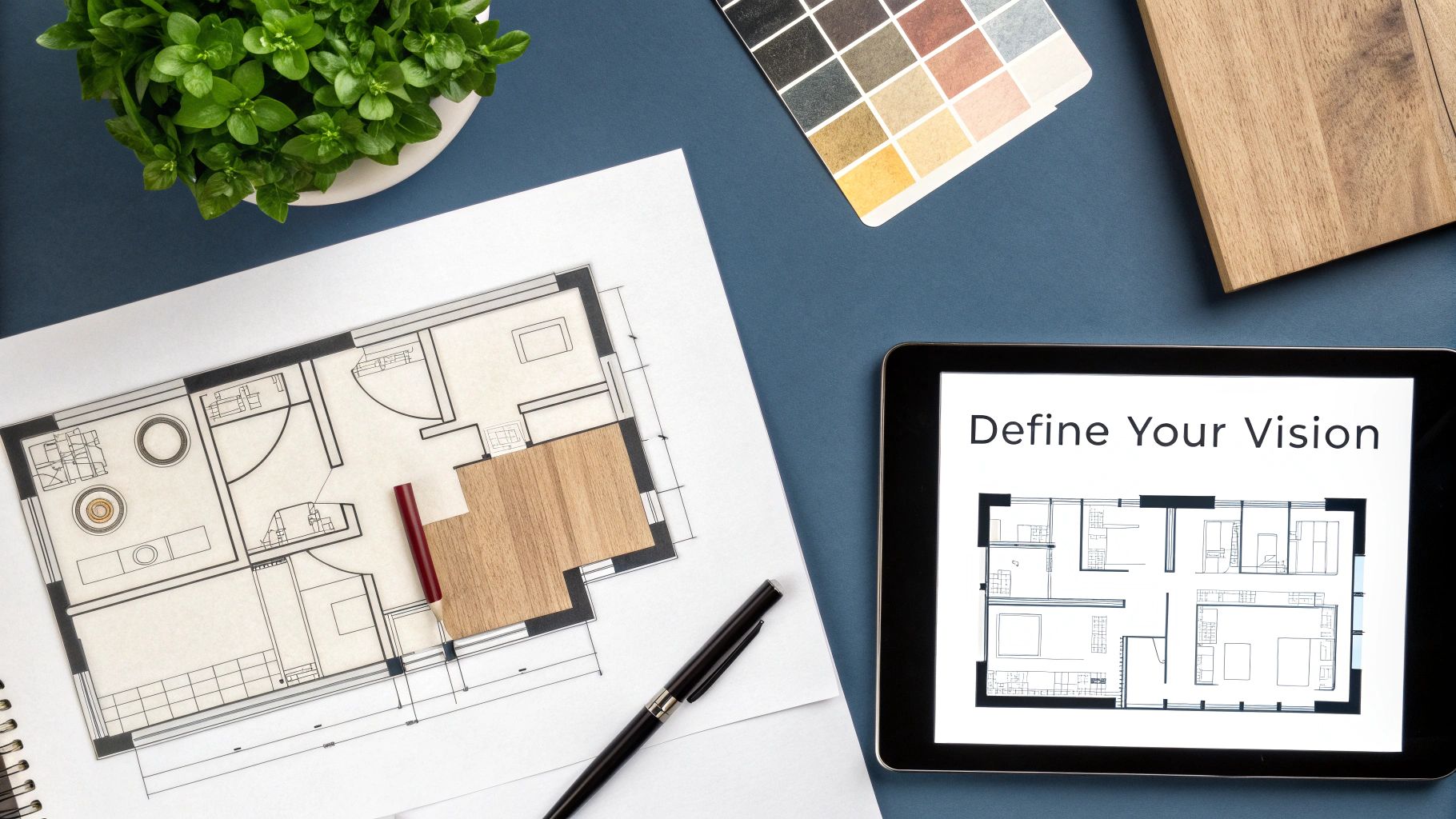 Overhead view of a home design workspace with a floor plan, tablet showing 'Define Your Vision', color palette, and a plant.