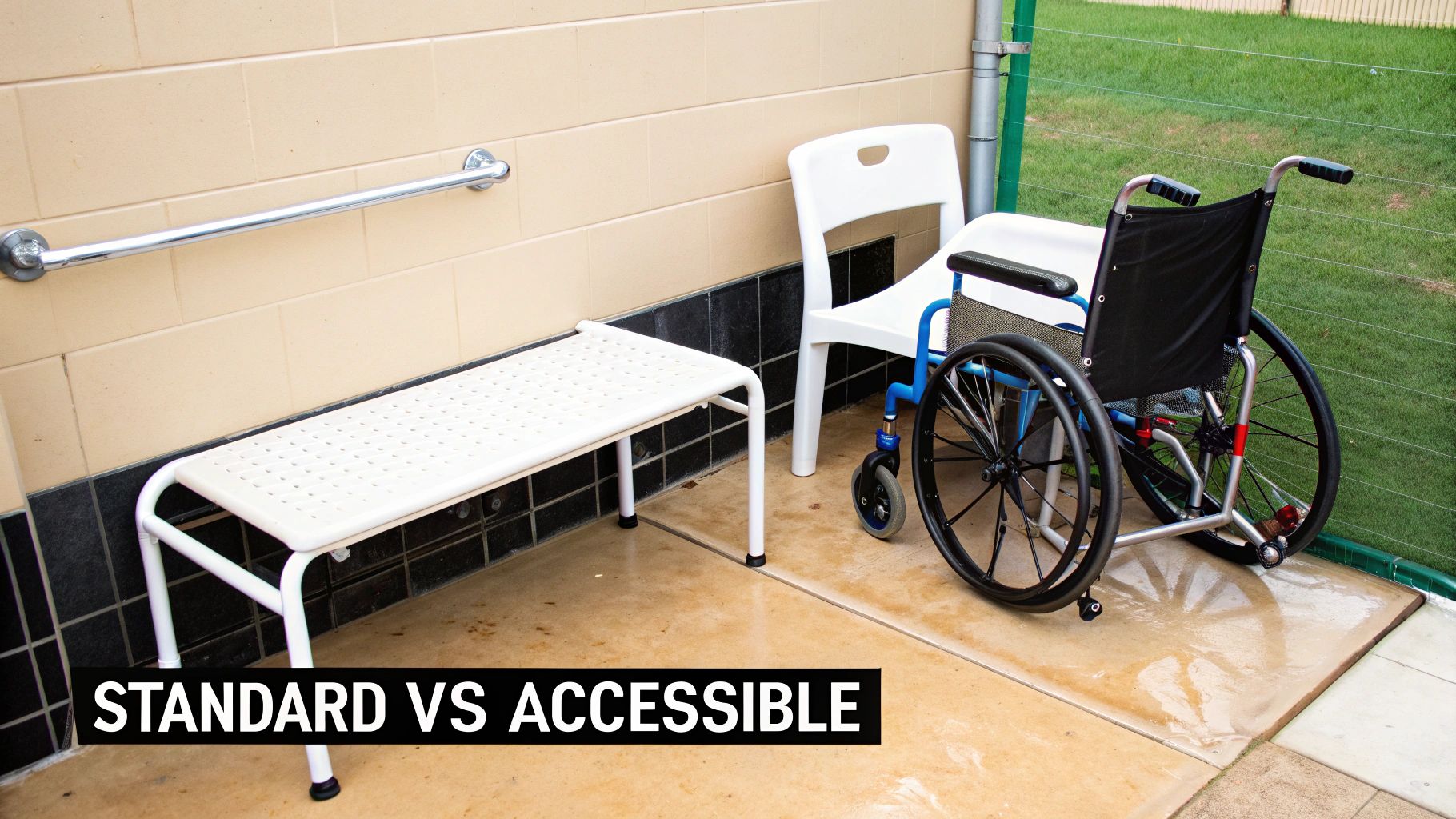 A shower area shows a standard bench with a grab bar versus an accessible chair and wheelchair.