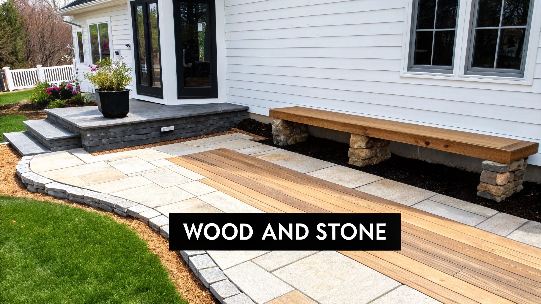 Stylish outdoor living space featuring a wood deck, stone patio, and a custom wooden bench.