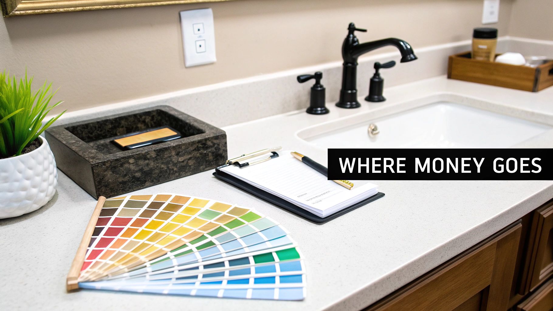 A bathroom counter with color swatches, a clipboard, and a sink, suggesting design planning.