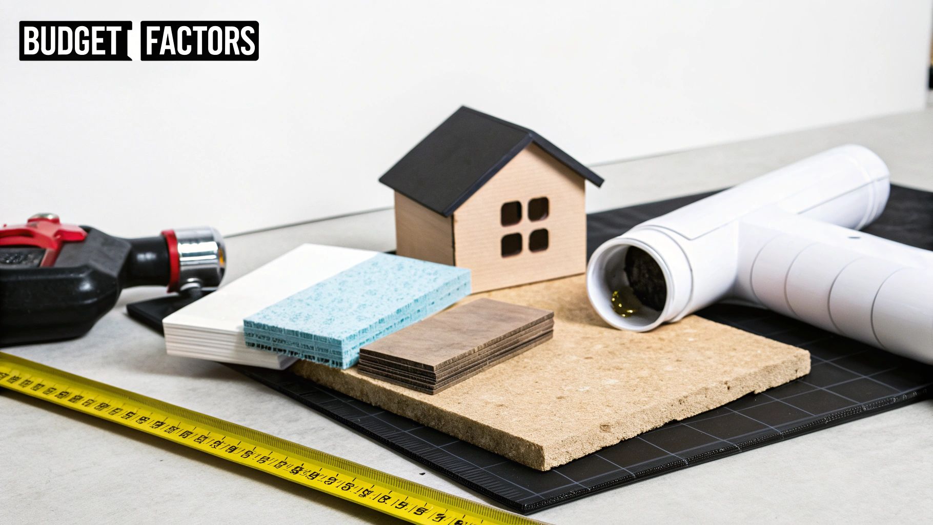 Construction materials, a miniature house, blueprints, a measuring tape, and a tool representing home renovation and budget planning.