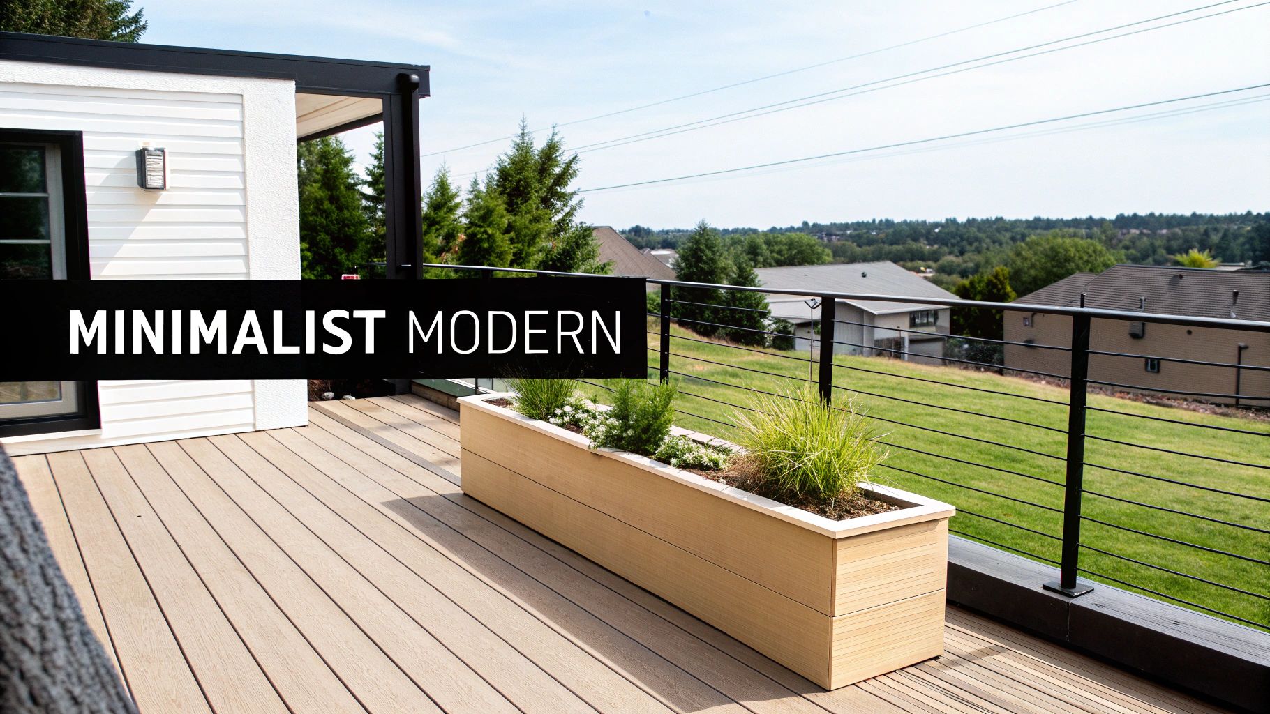 A modern minimalist deck with light brown composite planks, a long planter, and a black cable railing overlooking a suburban view.