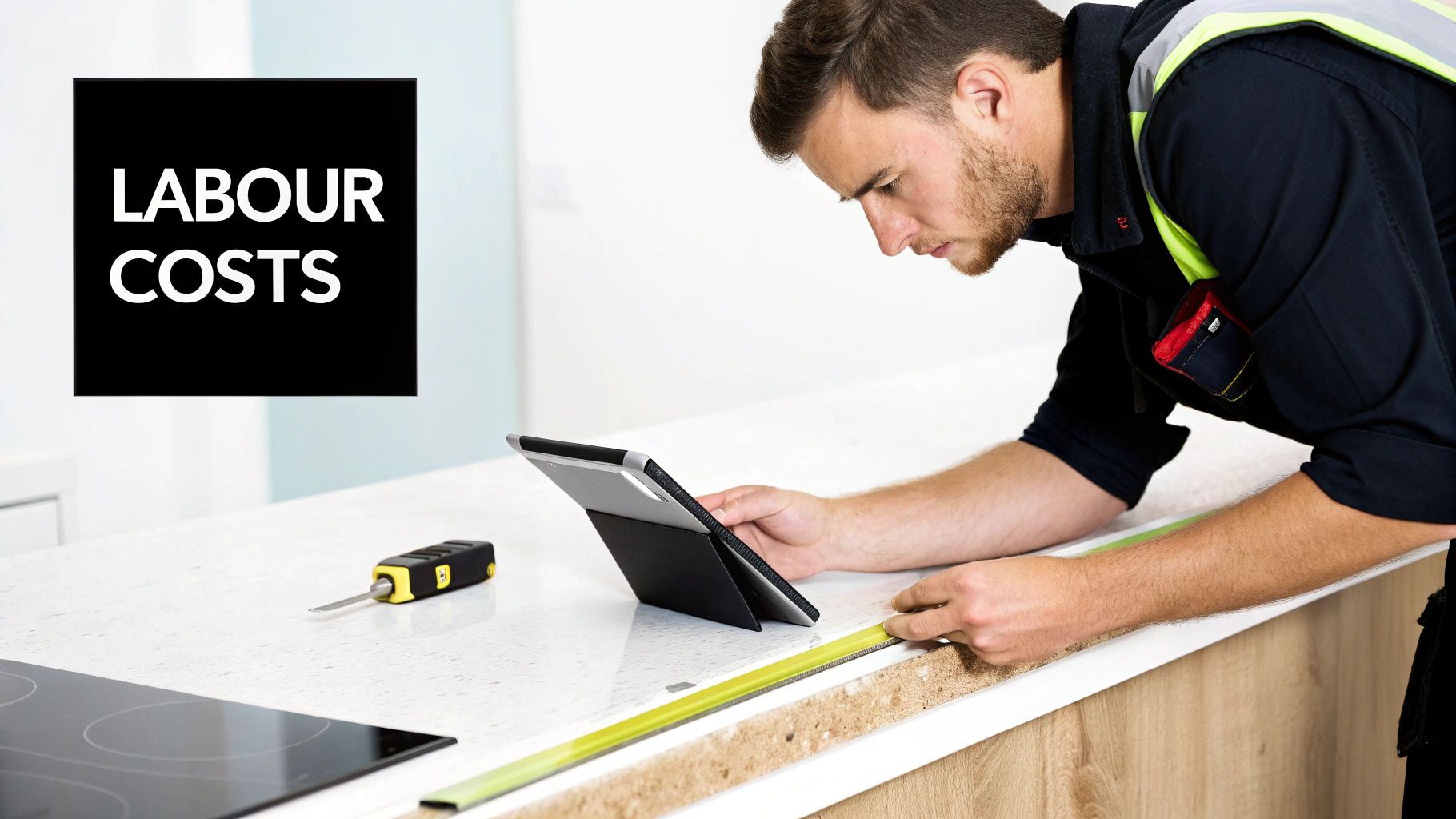 A man in a work vest measures a kitchen countertop with a tape measure while checking a tablet, illustrating labour costs.