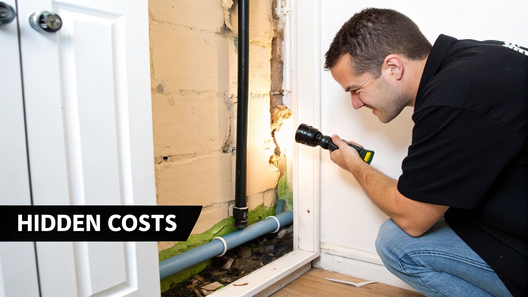 A home inspector shines a flashlight into a damaged wall, revealing pipes and green mold, representing hidden costs.