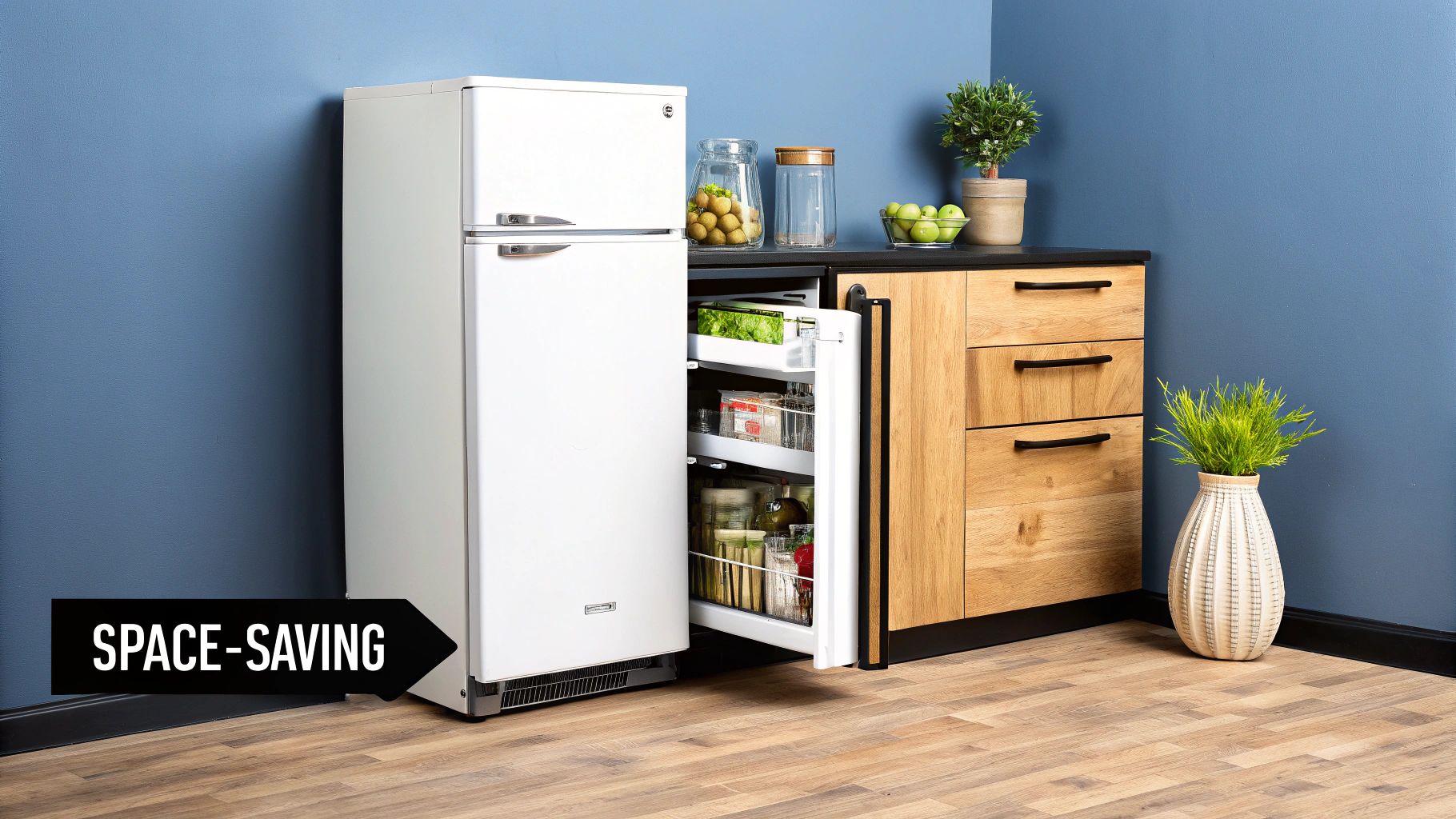 A white, space-saving two-door refrigerator with its lower door open, revealing organized food, beside a wooden kitchen cabinet.