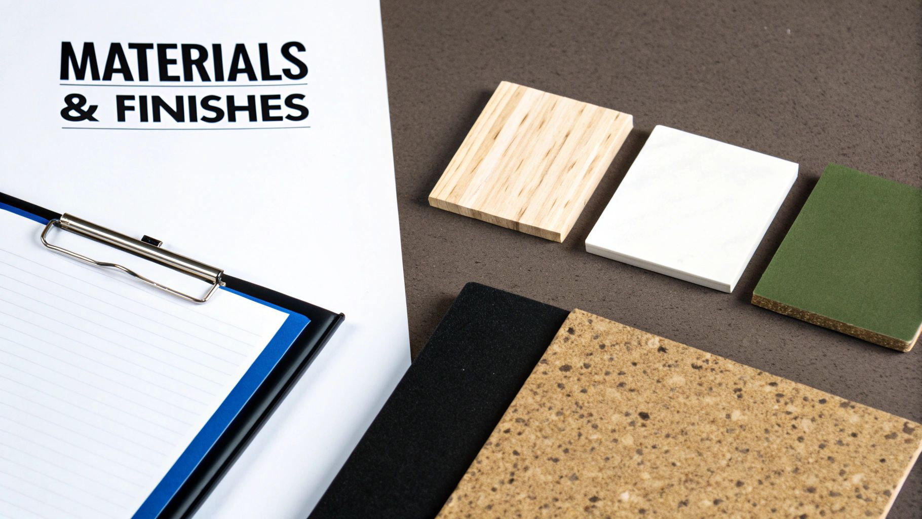 Materials & Finishes document with diverse samples including wood, tile, and speckled stone on a dark background.