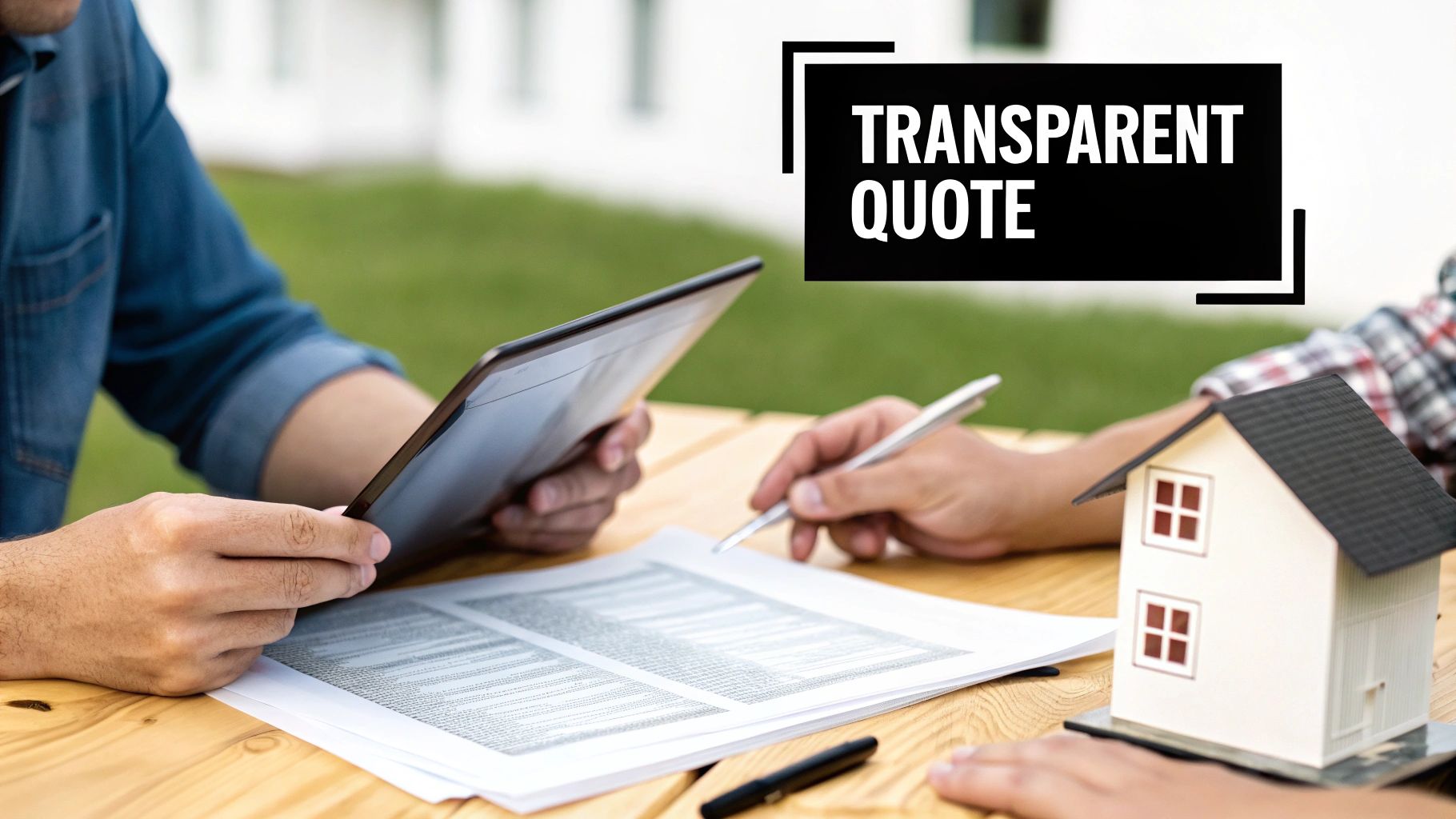 Two people reviewing documents and a tablet, with a model house and 'TRANSPARENT QUOTE' overlay.